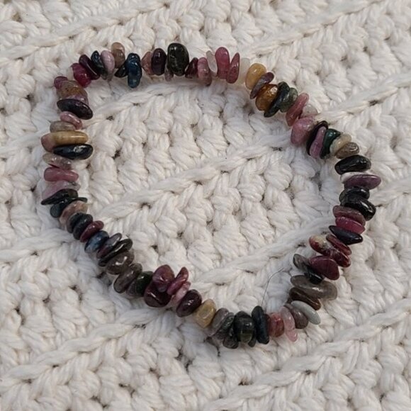 Tourmaline Chip Bracelet | Multi-Color Gemstone Stretch Boho Healing Jewelry - Picture 7 of 9